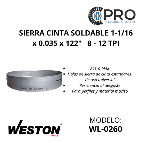 Sierra Cinta Soldable 1-1/16 X 0.035 X 122 8 - 12 Tpi P