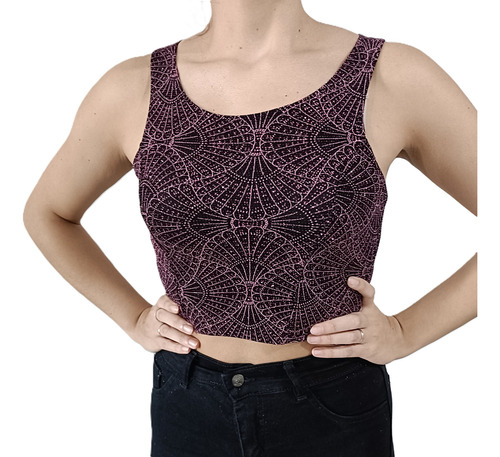 Musculosa De Fiesta O Noche Con Brillos Rosados Elastizada