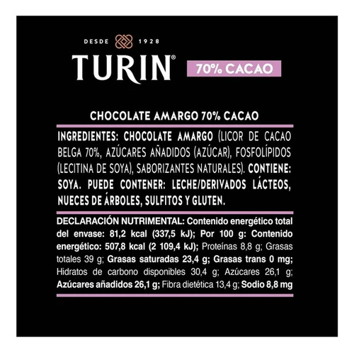 Chocolate Amargo Turin 70% Cacao 16 G