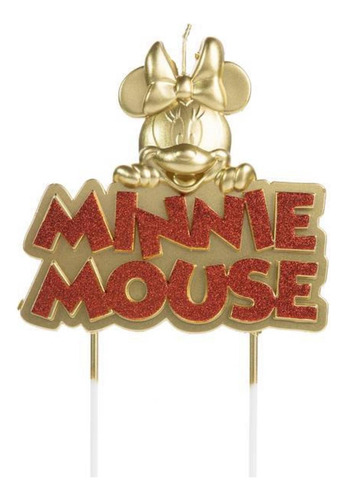 Vela Minnie Mouse Dourada Glitter Vermelho 12cm 01 Unidade