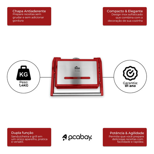 Grill Elétrico Multiuso Inox 220v 1200w Vermelho - Kian