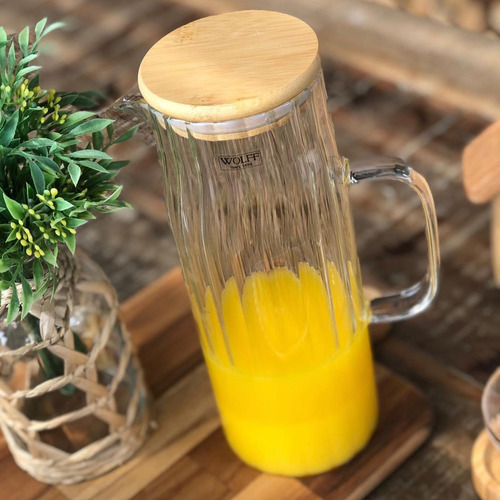 Jarra De Suco Água Em Vidro Resistente Com Tampa Bambu 1,1l