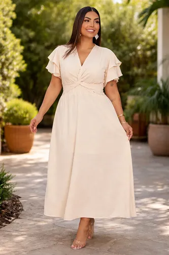 Vestido Plus Size Longo Floral Decote V Cruzado Manga Babado