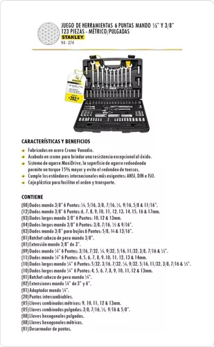 JUEGO DE HERRAMIENTAS MECANICAS 123 PZS STANLEY