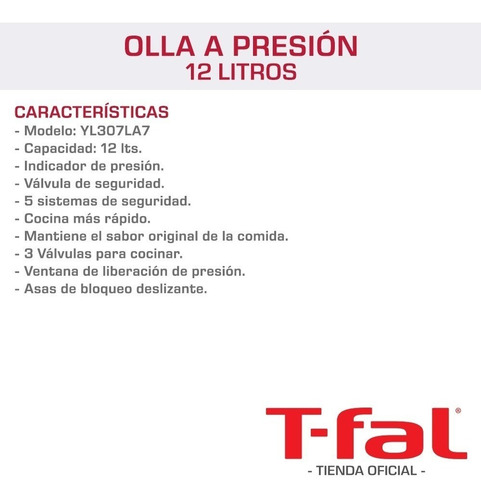 Imagen 3 de 7 de Olla De Presión 12 Litros T-fal Segura Tapa Válvula De Seguridad Tefal Cocina