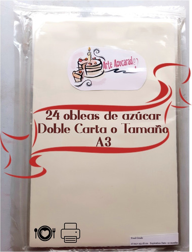 24 Obleas De Azucar Fondant Doble Carta A3 Tabloide Premium