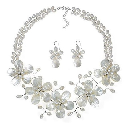 Floral Blanco Collar De Perlas Cultivadas Arete Fancy Jewelr