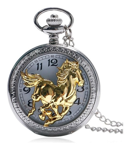 Relógio De Bolso Cavalo De Corrida - Dourado Com Prateado