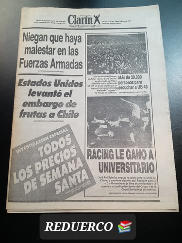 Diario Clarín Año 1989 Racing Rushdie Ub 40 Reggae 18/3 