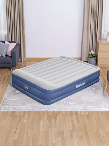 Colchón Inflable Queen Size Bestway Azul Con Bomba Integrada Gris Con Azul