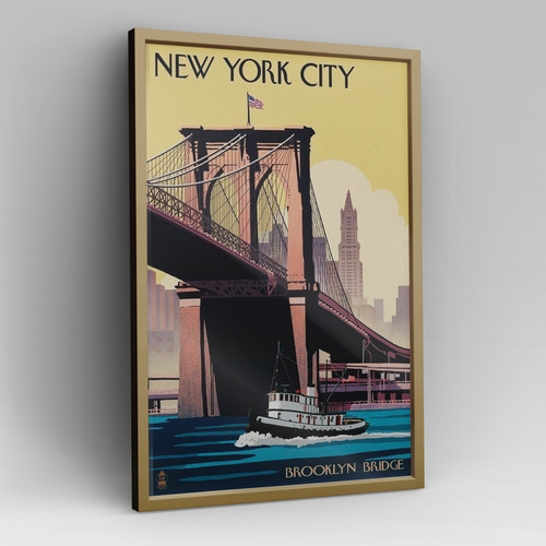 Cuadro Ciudad De Nueva York 40x30 Cm C/ Vidrio Madera Natural