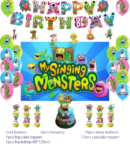 Kit Cumpleaños Fiestas My Singing Monsters + Tela Fondo