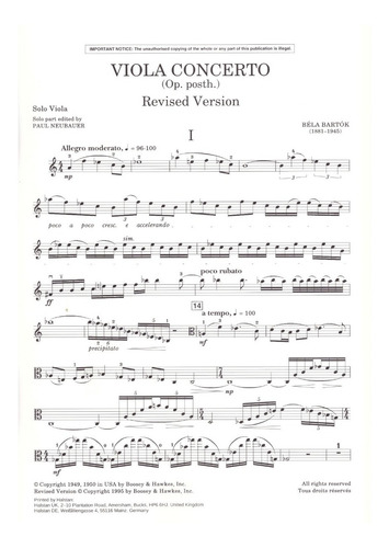 B. Bartok: Viola Concerto (op. Posth.) For Viola & Piano Red