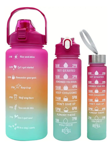 Kit X3 Botellas De Agua Motivacional Termo 2l Degrade Frases