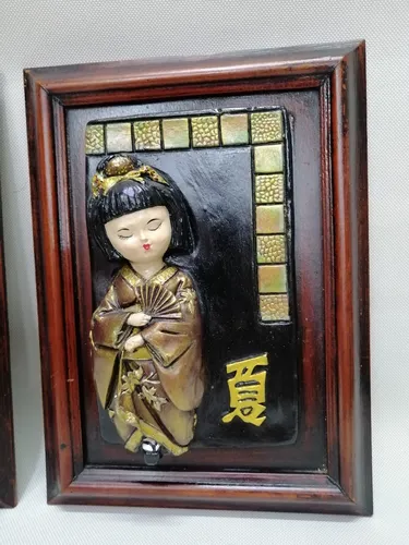 Cuadro Japonés Antiguo En Madera Y Ceramica Al Oleo Relieve (Usado)