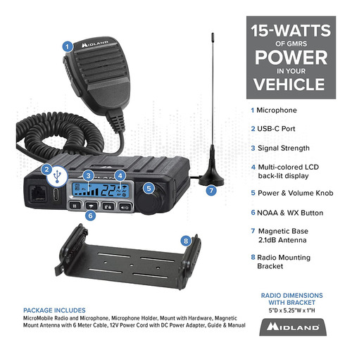 Midland - 15 Watt Gmrs Micromobile Two-way Radio - 8 Repeate