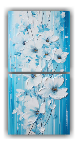 120x60cm Pintura Acrílica Intensa En Lienzo Blanco Flores