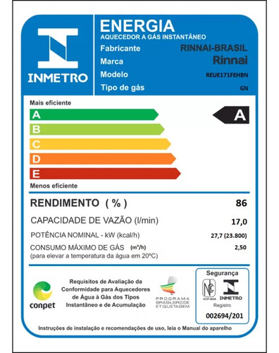 Aquecedor De Agua A Gás Rinnai Digital 17 Litros Reu E17