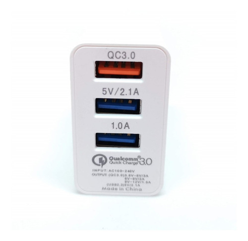 Cargador Fast Charge 3.0 Ac 100-240 V 3 Entradas Usb 2.1a Color Blanco