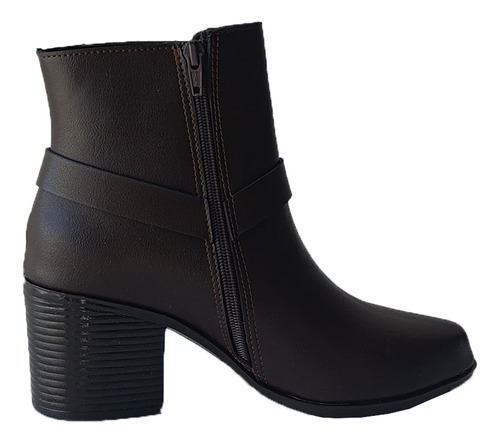 Botines Mujer Café Tacón Grueso Hebilla Elegante Casual