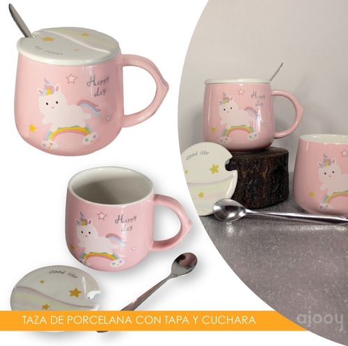 Ajooy Taza Cerámica Rosa Con Tapa Cuchara Unicornio Arcoíris