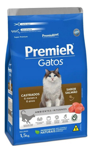 Premier Ração Gatos Castrados 6 Meses A 6 Anos Salmão 1,5kg