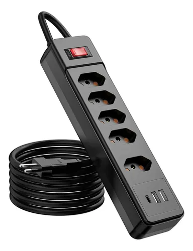 Filtro De Linha 5 Tomadas Com 3 Usb, 1,9 Metros Cabo, 2500w Preto
