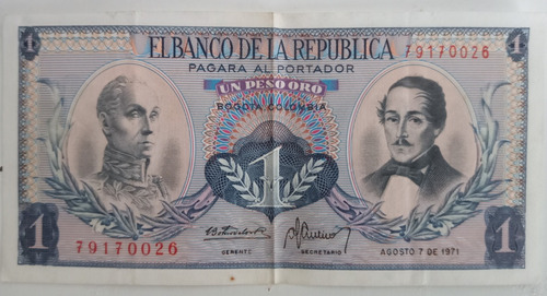 Billete Colombiano 1 Peso Oro 1971