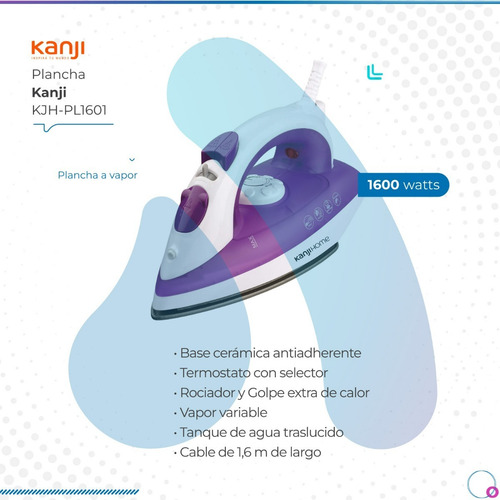 Imagen 2 de 10 de Plancha A Vapor Kanji Kjh-pl1601 Base Ceramica 1600w