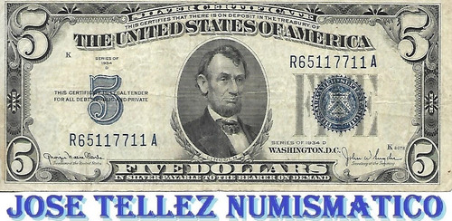 Ee Uu Antiguo Billete 5 Dolares 1934 Sello Azul Mb Palermo (Usado)