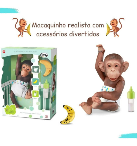 Boneco Bebê Macaco Little Caco Com Mamadeira Fralda E Banana