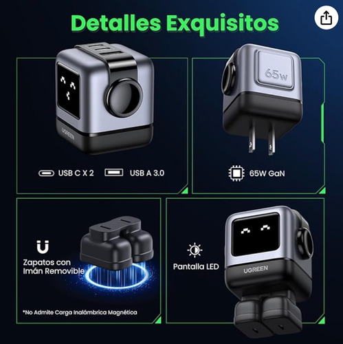 Cargador Ugreen Robot 65w Tipo C C. Rapida Black 15570