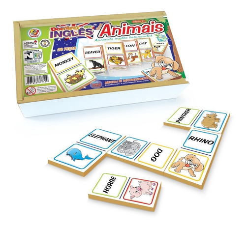 Dominó Educativo Animais Em Inglês Estojo Brinquedo Infantil
