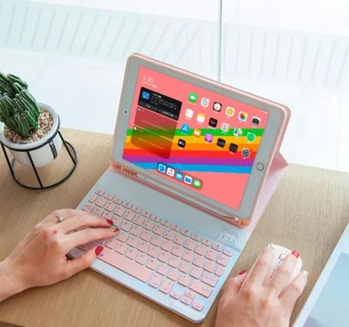 Kit Teclado + Mouse Inalámbrico Bluetooth Kawaii Con Sticker