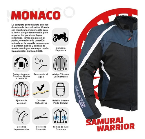 Imagen 5 de 6 de Campera Abrigo Desmontable Negro Azul Blanco Samurai Monaco