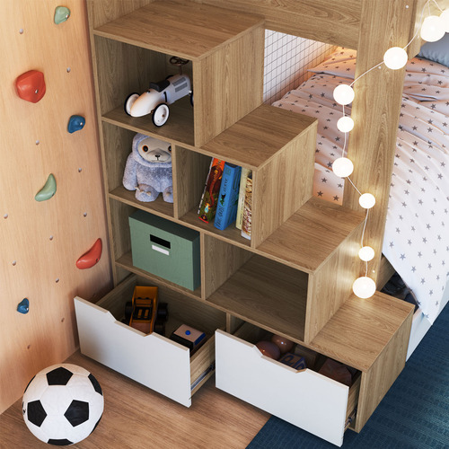 Beliche Infantil Com Escada, Nicho E Gavetas Aveiro E Branco