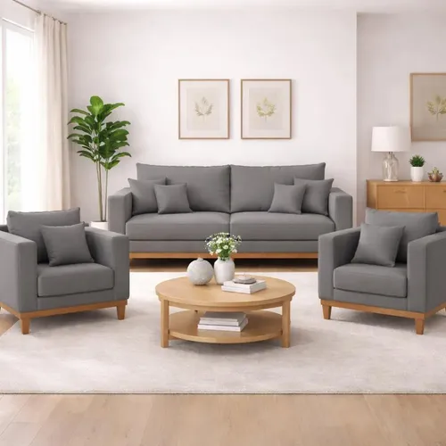 Kit 2 Poltronas Living + Sofá 2 Lugares Base Madeira Linho
