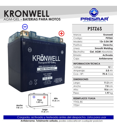 Imagen 2 de 10 de Bateria Moto Kronwell Mondial Ms 50 Ytx5l-bs / Ytz6v