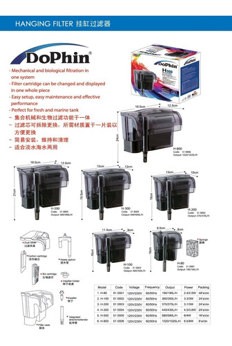 1020 L/h Filtro Cascada Dophin H800 Acuario Silencioso