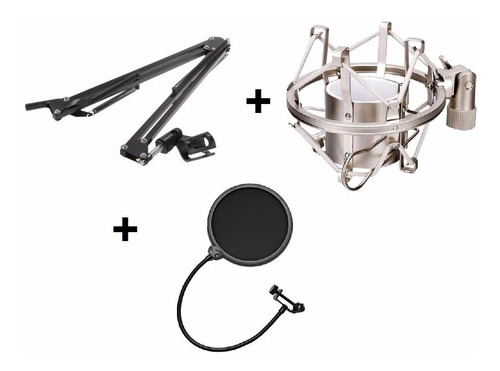 Pedestal Articulado + Aranha Prata + Pop Filter Microfone