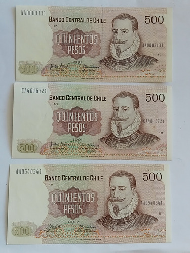 Billetes De 500 Pesos Chilenos, 3 Unidades Año 1991