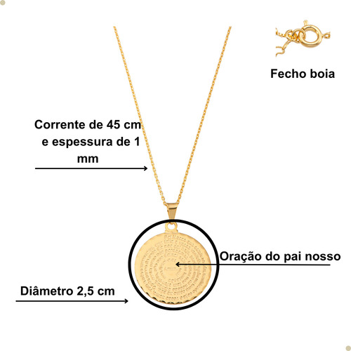 Pingente Oração Pai Nosso Mandala Colar Gargantilha Folheado a Ouro 18k Cor Dourado Andreia Branco Acessórios