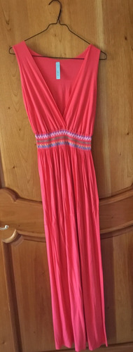 Vestido Largo Grecas Coral Con Bordado En La Cintura 