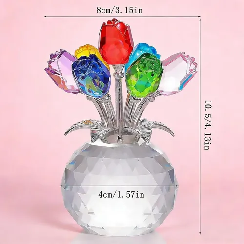 Crystal Rose Flower Decorative Statue - 7 Colorful Glass