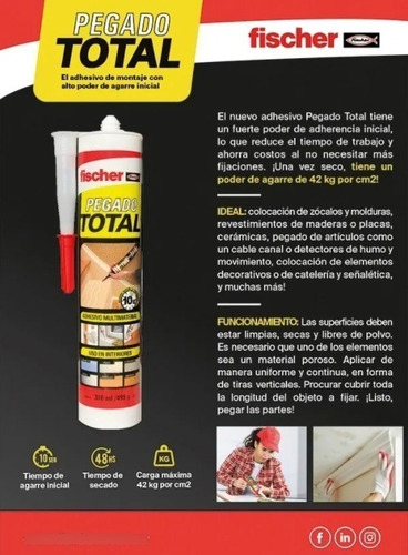 Imagen 3 de 8 de Pegado Total Fischer 10 Seg Multimaterial Adh Montaje 310ml