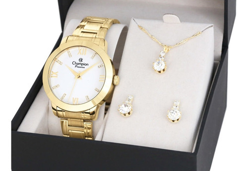 Relógio Feminino Champion Passion Dourado Kit Colar Brincos Cor do fundo Branco