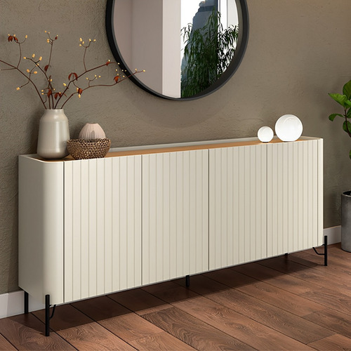 Balcão Buffet P/ Sala Porta Brise 180cm Pés Metal 100% Mdf Cor Louro E Luna Com Preto