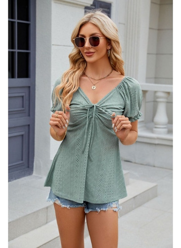 Camiseta Sexy De Verano Con Cuello En V Y Cintura Con Cordón