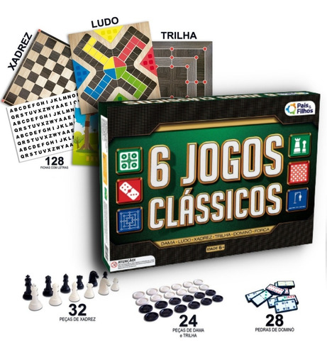 Kit 6 Jogos De Mesa Xadrez Dominó Dama Ludo Trilha E Forca