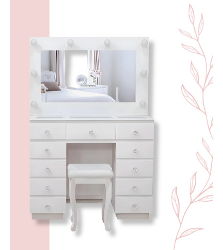 Penteadeira Camarim Mdf Branco 11 Gavetas Com Luz